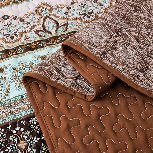 WONGS BEDDING Boho Fall Quilt Set Twin, Brown Bohemian Quilt Bedding Set, Ultra Soft Lightweight Bedspread for All Season Reversible Microfiber Coverlet Bedding Set 68"x86"(3 Pieces) WONGS BEDDING