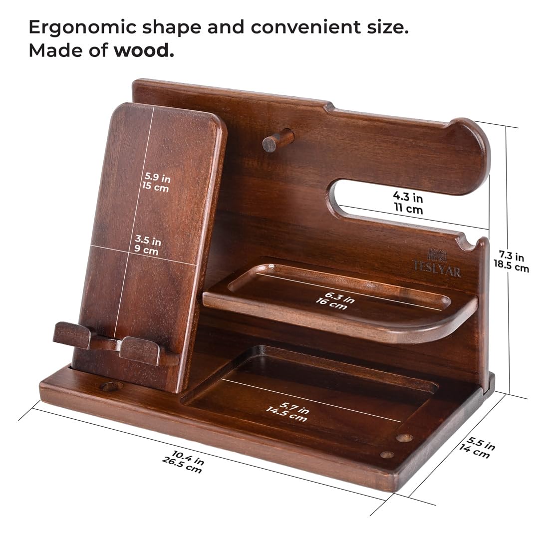 TESLYAR Wood Phone Docking Station for Men - Desk or Nightstand Organizer - Birthday Gifts for Husband or Dad - Anniversary Idea from Wife - Key Holder - Stand Wallet, Watch & Essentials (Nut Brown) TESLYAR