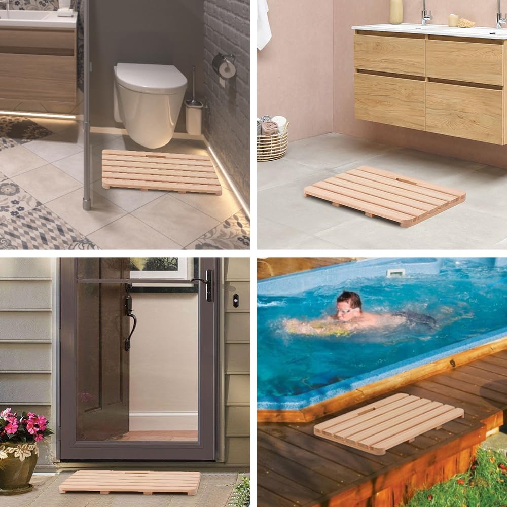 Wooden Bath Mat Non-Slip Hinoki Cypress Wood Shower Mat Waterproof Luxury Spa Bathtub Mat for Indoor or Outdoor Use, 21 x 14 x 1 Inches Rsuwiz