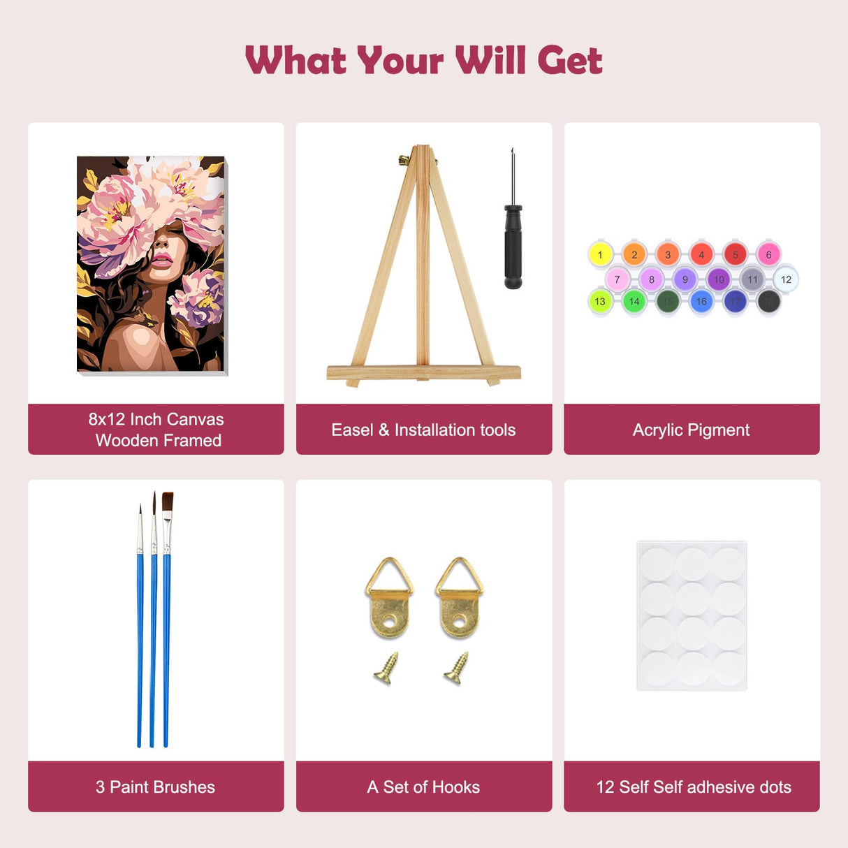 MOGTAA Flowers Girls Paint by Numbers Kit for Adults Beginners with Frame, Adult Paint by Number Kits on Canvas with Easel, Easy DIY Oil Painting Kits for Home Decor, 8x12in MOGTAA