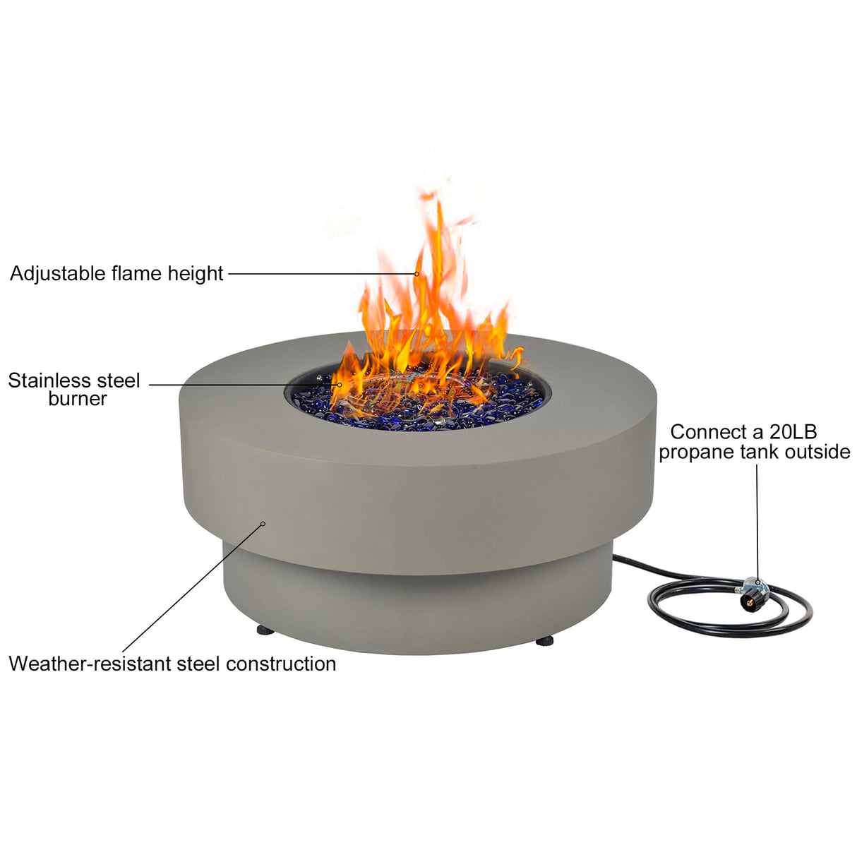 BAIDE Home Propane Outdoor Fire Pit Table, Flint & Concrete Look 33-inch Round Patio Gas Fire Table 50,000 BTU w/Lid, Fire Glass, Heavy Duty Rain Cover, Pre-Attached 10ft Propane Hose BAIDE HOME