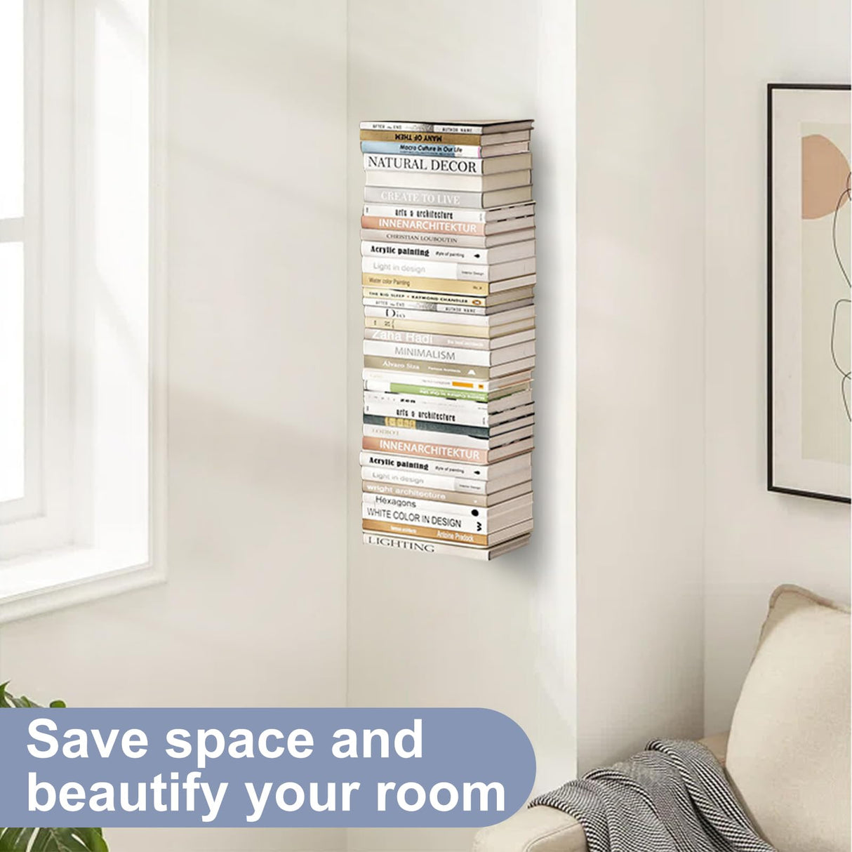 Atsgke Vertical Book Shelf Wall Mount 2 Pack - 4 Tier Invisible Spine Organizer, Heavy-Duty Metal Floating Shelves for Space Saving Modern Home Office Decor, White Atsgke