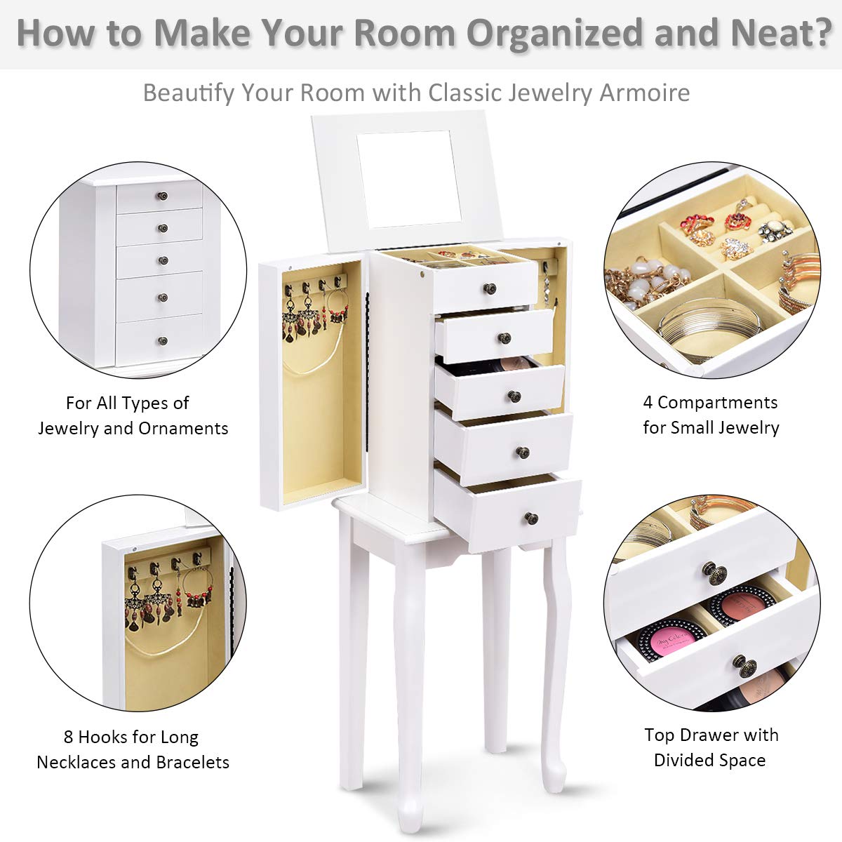 Giantex Jewelry Cabinet Armoire Box Storage Chest Necklace Stand Organizer Giantex