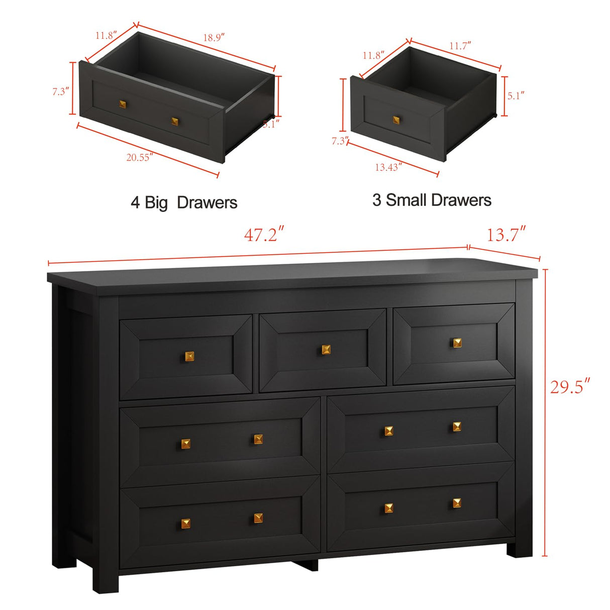 Wodeer Black 7 Drawers Dresser for Bedroom,Wood Farmhouse Storage Chest of Drawers, Dresser with Metal Handles,Dressers Organizer for Bedroom, Living Room,Hallway,Nursery,Black Wodeer