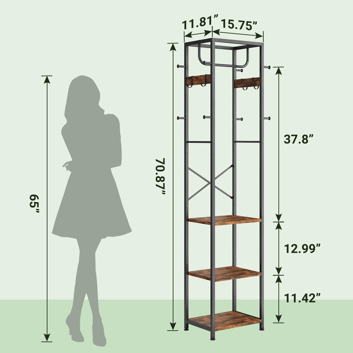 ELYKEN Coat Rack Freestanding, Hall Tree with 3 Storage Shelves and 12 Hooks, Industrial Clothes Rack Stand Organizer for Bedroom, Hallway, Entryway, Office, Living Room, Rustic Brown ELYKEN