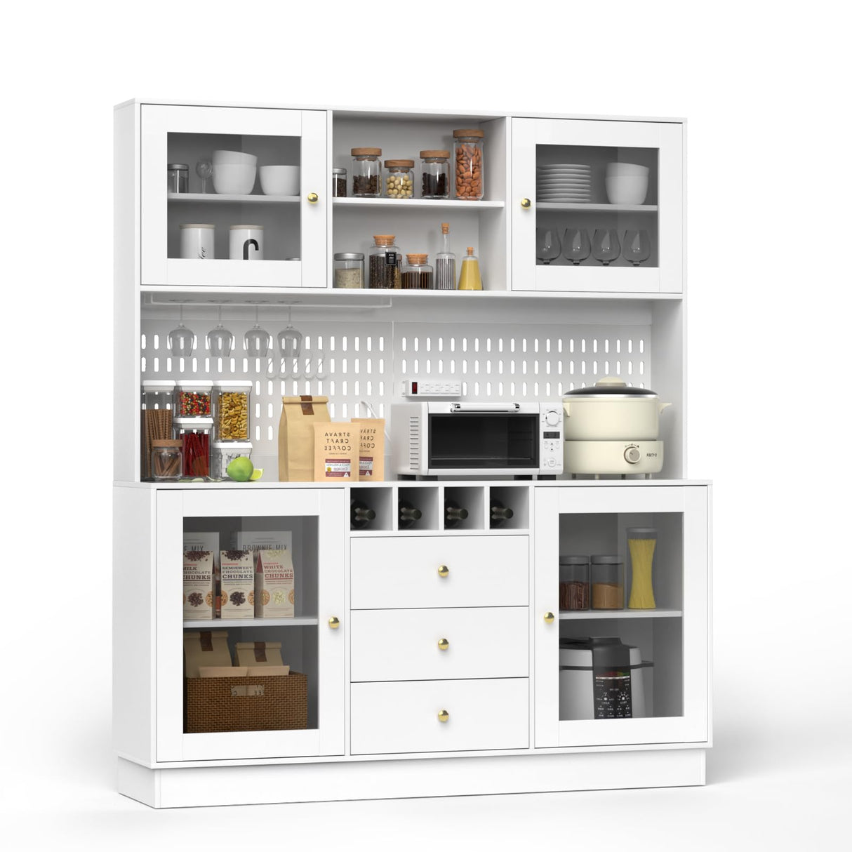 VOWNER Kitchen Hutch Cabinet, Pantry Cabinet, Freestanding Buffet Hutch with Pegboard, Cup Holder, Power Outlet, 4 Doors & 3 Drawers, Cupboard with Microwave Shelf & Wine Racks (White) VOWNER