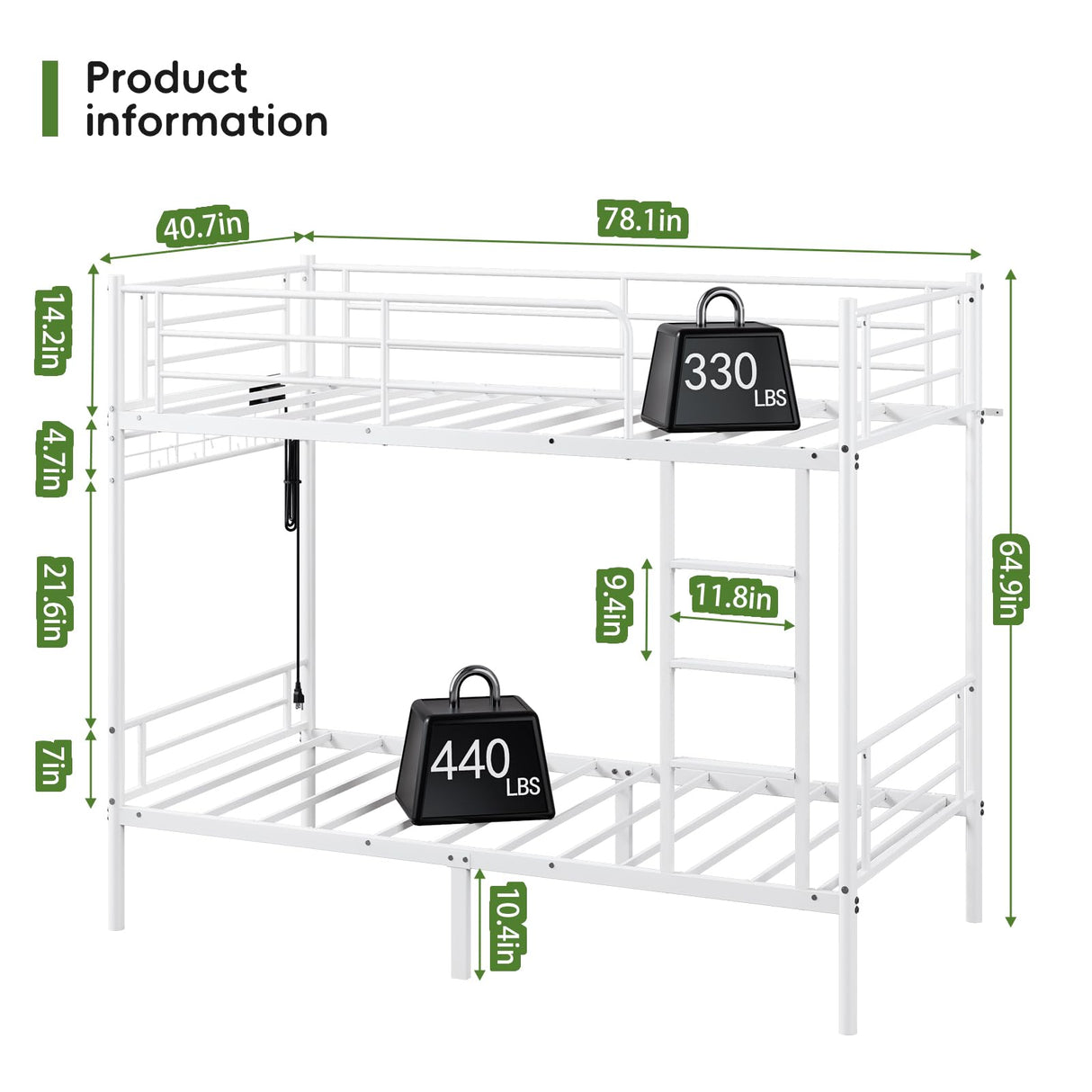 LIPIGE Bunk Bed Twin Over Twin,Heavy-Duty Metal Bunk Bed with Power Outlet and LED Lights,Safety Rails Ladder,Space-Saving Design with Storage Hooks,440lbs Capacity for Adults,White LIPIGE