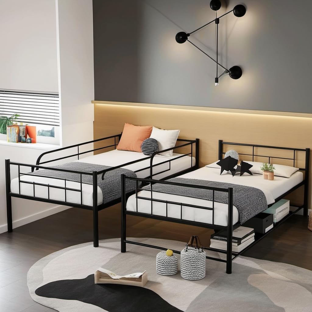 PVWIIK Queen Over Queen Bunk Bed with Shelf & Full Length Guardrail,Convertible Bunk Bedframe w/Ladder for Adults,Teens, Kids,No Box Spring Needed, Black PVWIIK