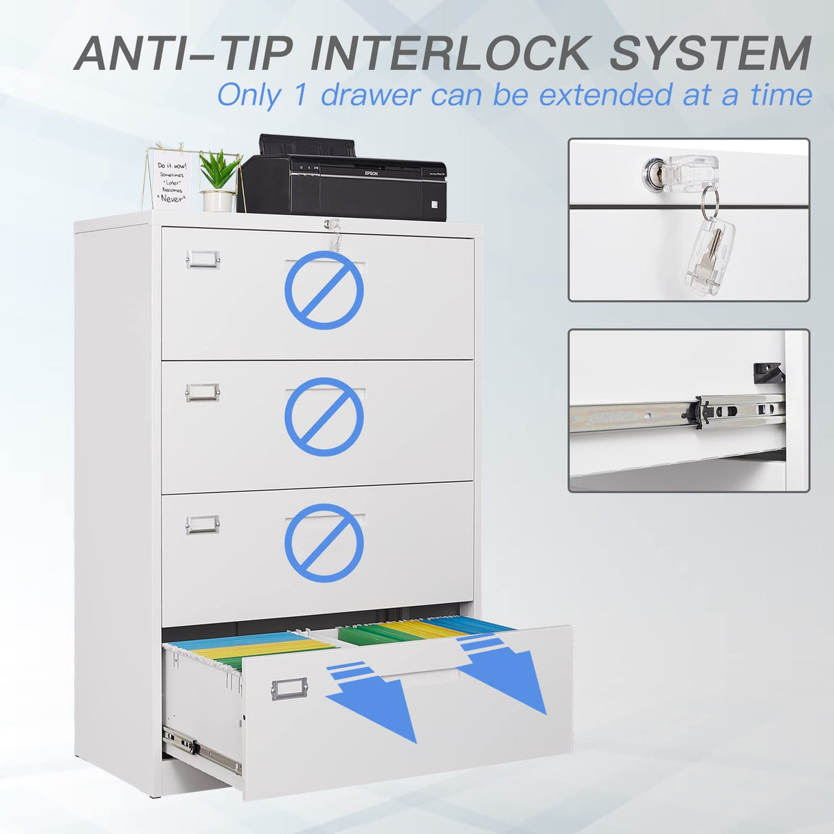 Yizosh 4 Drawer White File Cabinet with Lock, Filing Cabinet for Home Office, Metal Locking Office File Storage Cabinet with Drawers, Lateral Filing Cabinet Organizer for Letter/Legal/F4/A4 Yizosh