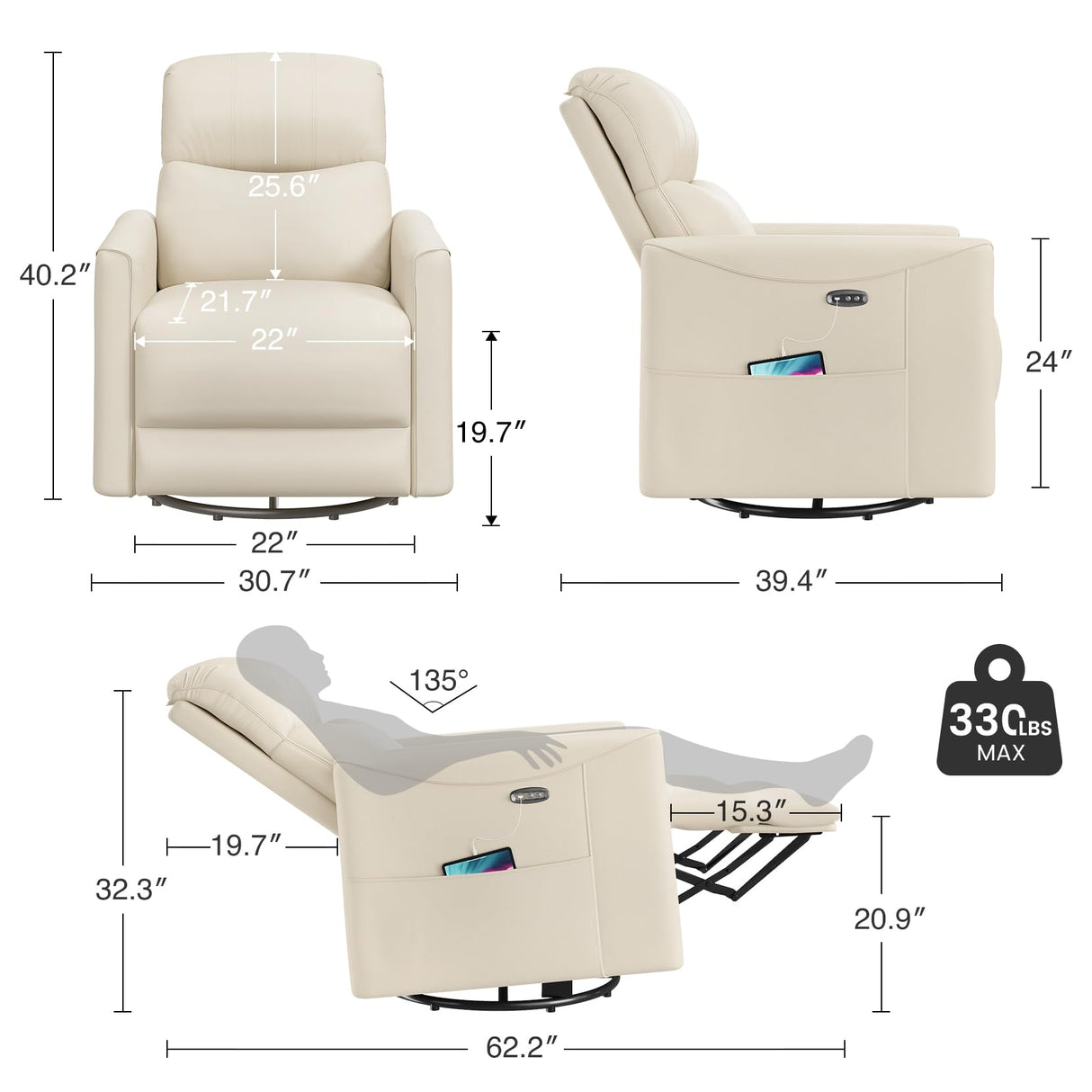 Welzona Power Swivel Rocker Recliner, 360° Swivel Nursery Rocking Chair, PU Leather Glider Rocking Recliner, Infinite Position Electric Chair for Adults with USB Port for Living Room, Beige White Welzona