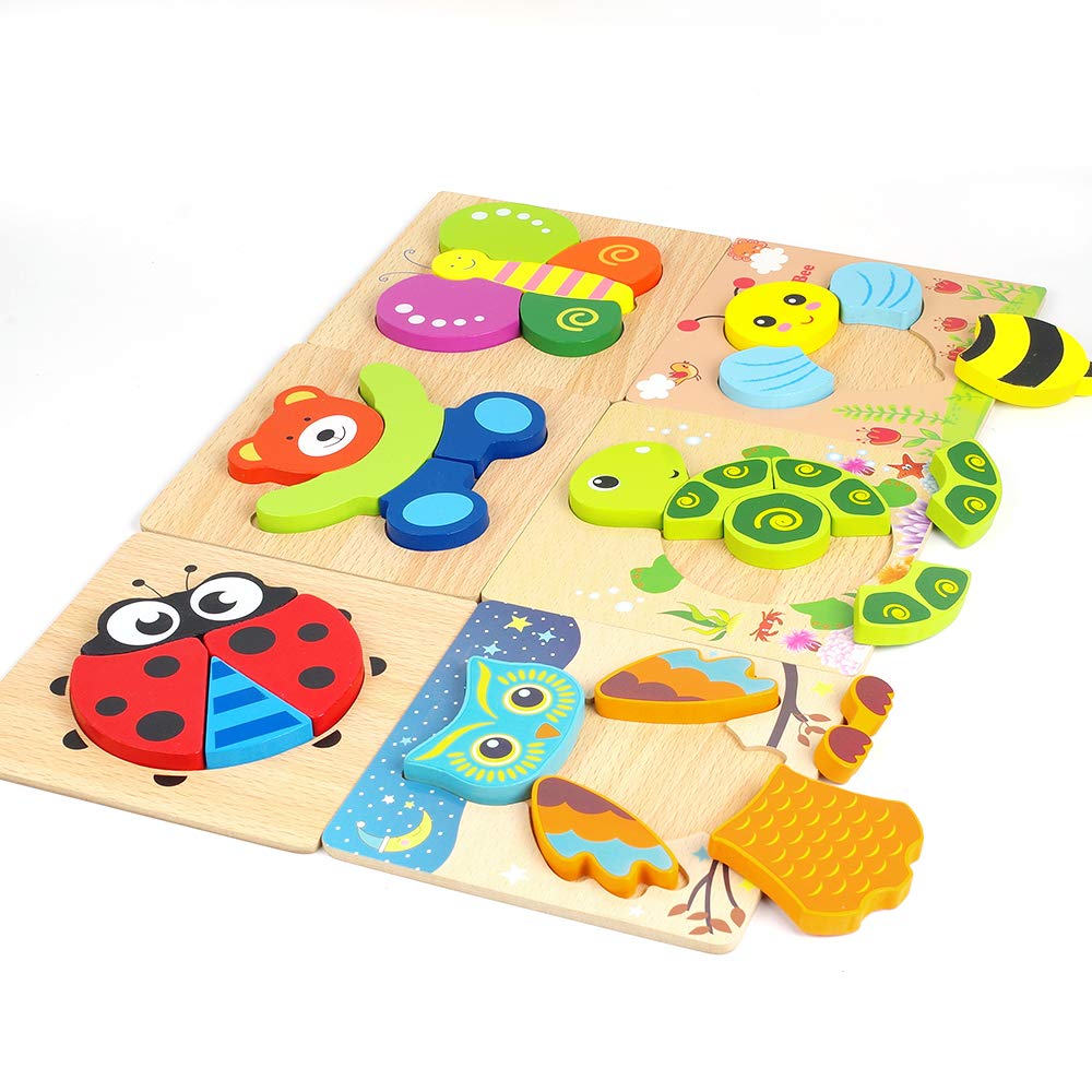 Toddler Puzzles, Wooden Jigsaw Animals Puzzles for 1 2 3 Year Old Girls Boys Toddlers, Educational Preschool Toys Gifts for Colors & Shapes Cognition Skill Learning LURLIN