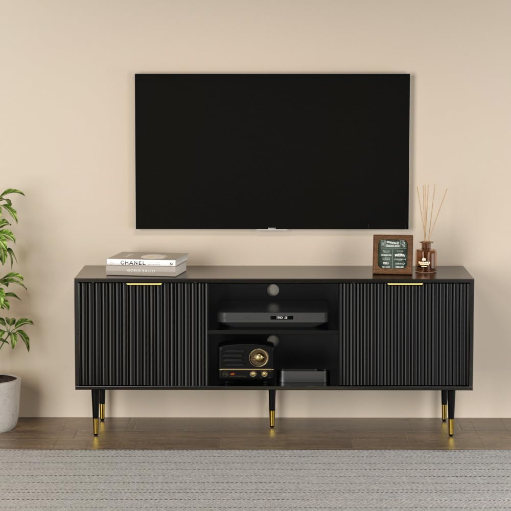TV Stand for 65 Inch TV, Black TV Stand Entertainment Center with Storage, Fluted Waveform Doors TV Console Table with Sliding Doors & Adjustable Shelves, TV Stand for Living Room Bedroom, Black SYESWAY