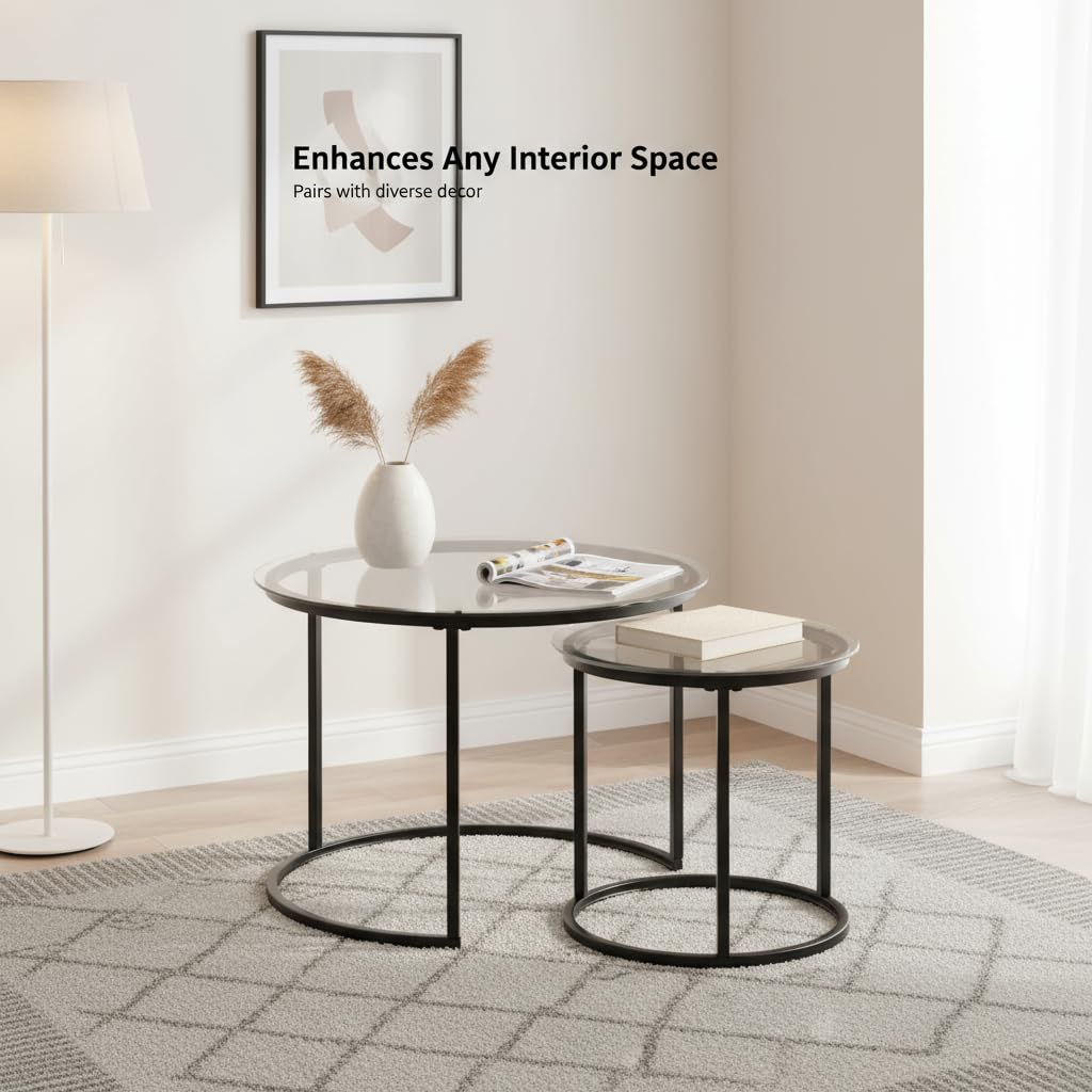 Round Nesting Coffee Table Set of 2, Modern Glass Nesting Tables, Stacking Minimalist End Table for Living Room Bedroom Small Space, Clear Tempered Glass and Black Cuizehua