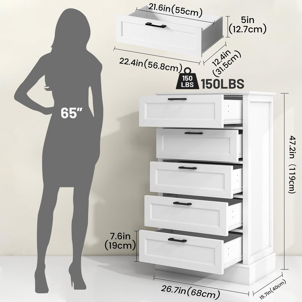 ZLWJGY White Dresser for Bedroom, Wood Dresser with 5 Drawers, Chest of Drawer for Bedroom Living Room Entryway Hallway, Modern Farmhouse Style Black Handles 47" Tall ZLWJGY