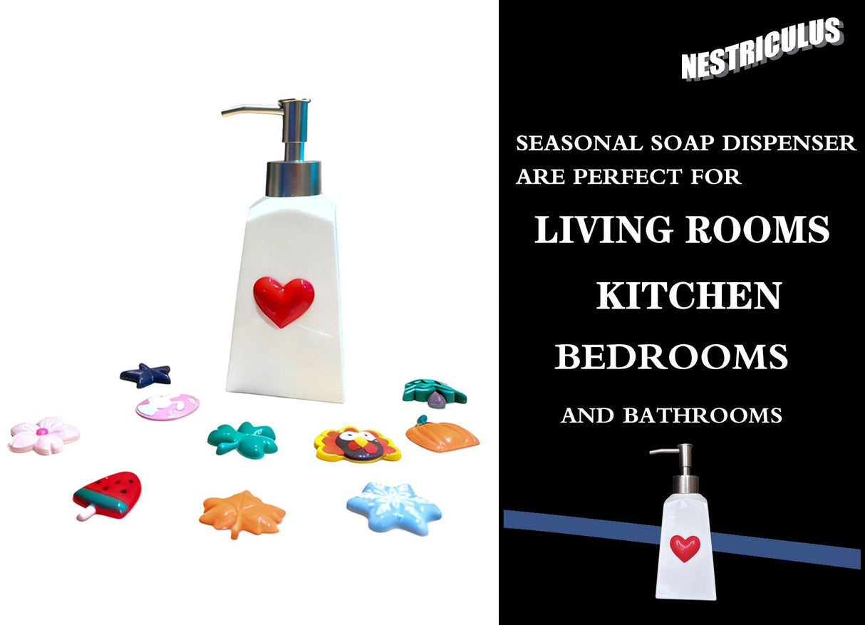 Nestriculus Seasonal Soap Dispenser with 11 Interchangeable Magnets - Seasonal Decor - Farmhouse Bathroom Kitchen Decor (Resin,Built in Magnet) - 8.82oz (Silver) Nestriculus
