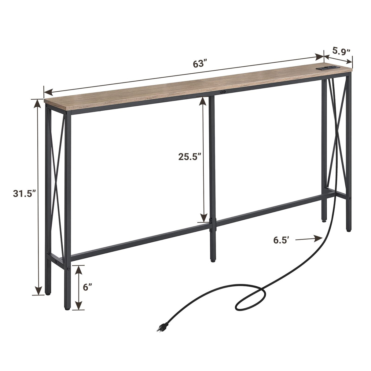 ELYKEN 5.9" Narrow Console Sofa Table with Power Outlets, 5.9" Dx63 Wx31.5 H Long Skinny Behind Couch Table with “X” Cross Metal Frame and Charge Station with 6.5’ Extension Cord, White Oak ELYKEN