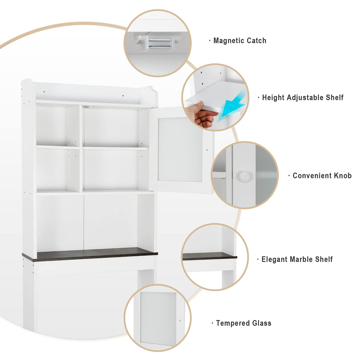 SUPER DEAL Over The Toilet Bathroom Storage Cabinet Freestanding Wooden Bathroom Organizer with Adjustable Shelves and Glass Door, White SUPER DEAL