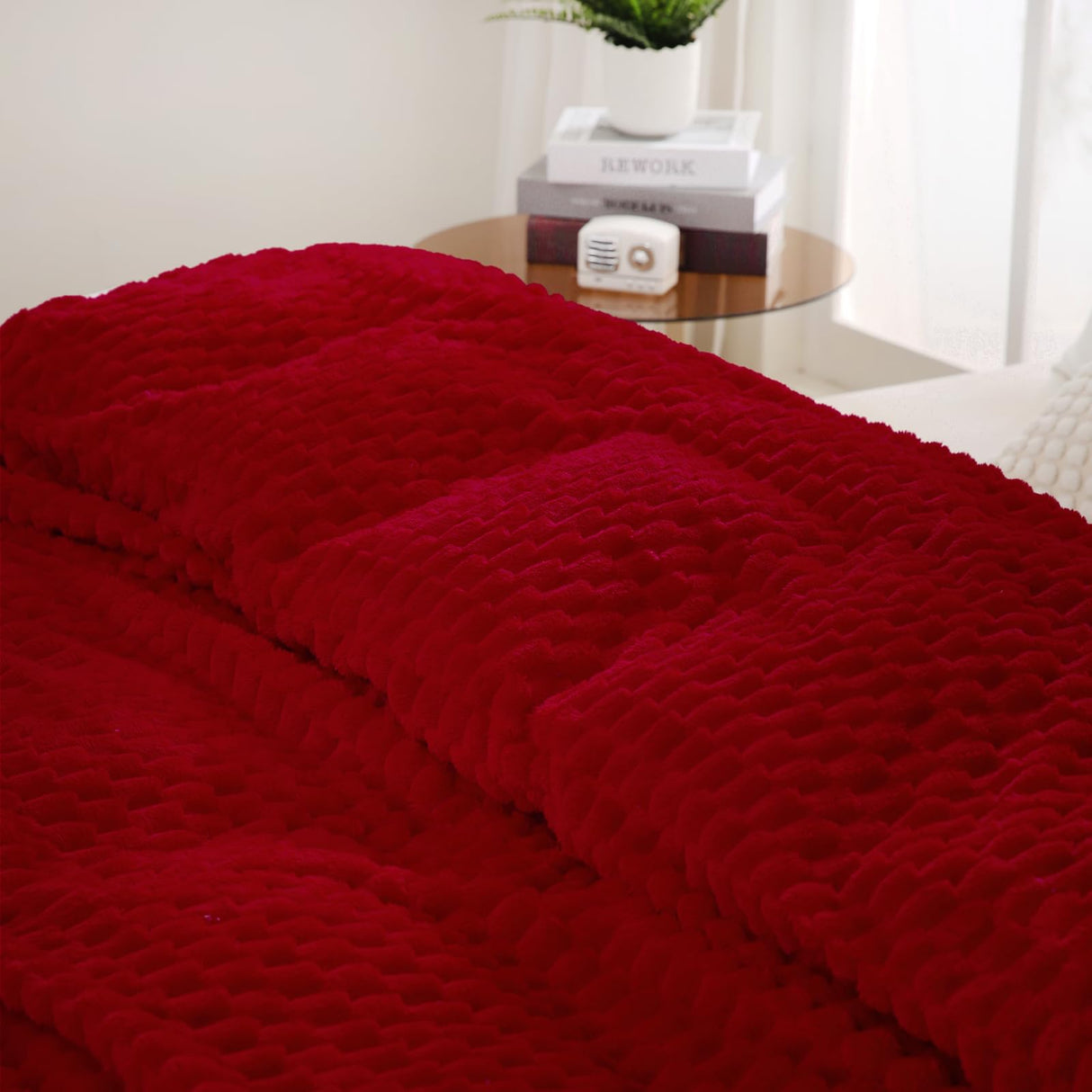 Red Throw Blanket 50"×60" inches Gifts for Mom Fuzzy 3D Jacquard Decorative Flannel Fleece Super Soft Plush Cozy Blanket for Couch Sofa Chair Lightweight Puncuntex