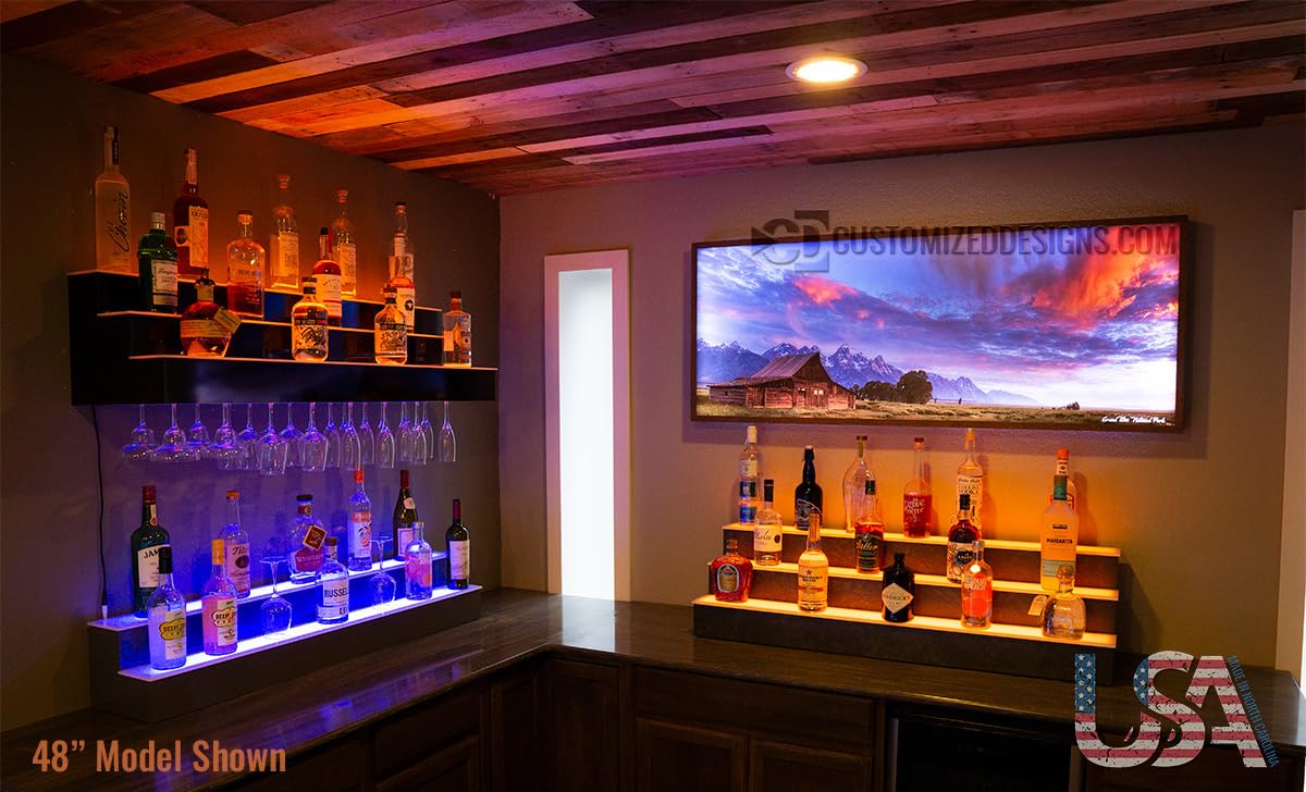 Customized Designs 3 Tier Wall Mounted Liquor Bottle Shelving w/Wine Glass Slots & LED Lighting (42) Customized Designs