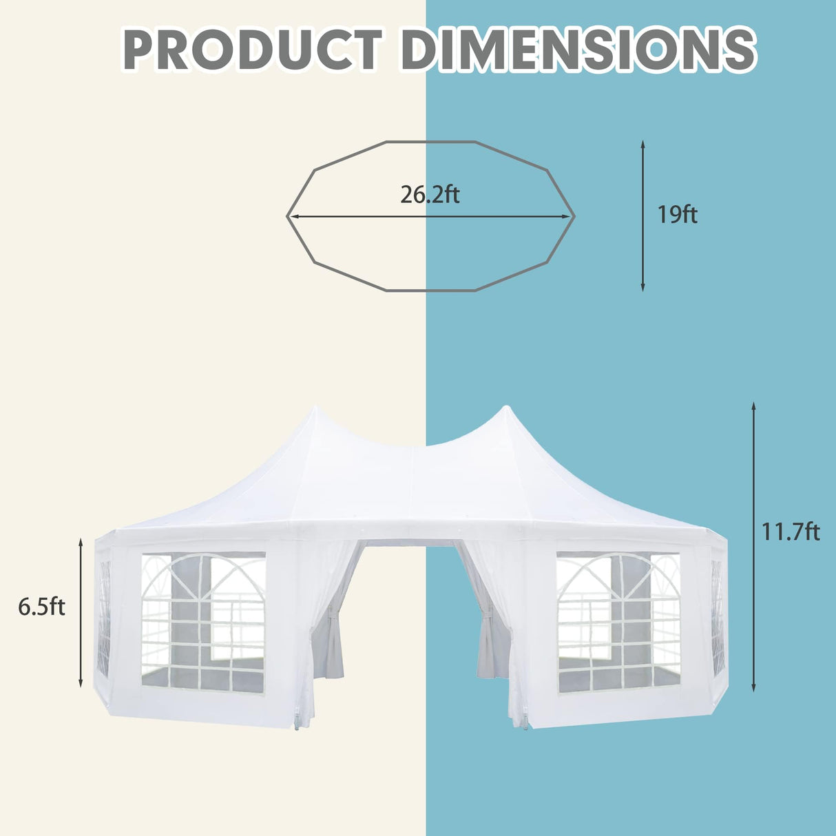 EROMMY 26x19ft Party Tent, White Wedding Tent, Decagonal Heavy Duty Canopy with 8 Removable Sidewalls, 8 Church Windows and 2 Pull-Back Doors, Outdoor Gazebo Pavilion Shelter Tent for Party, Event EROMMY