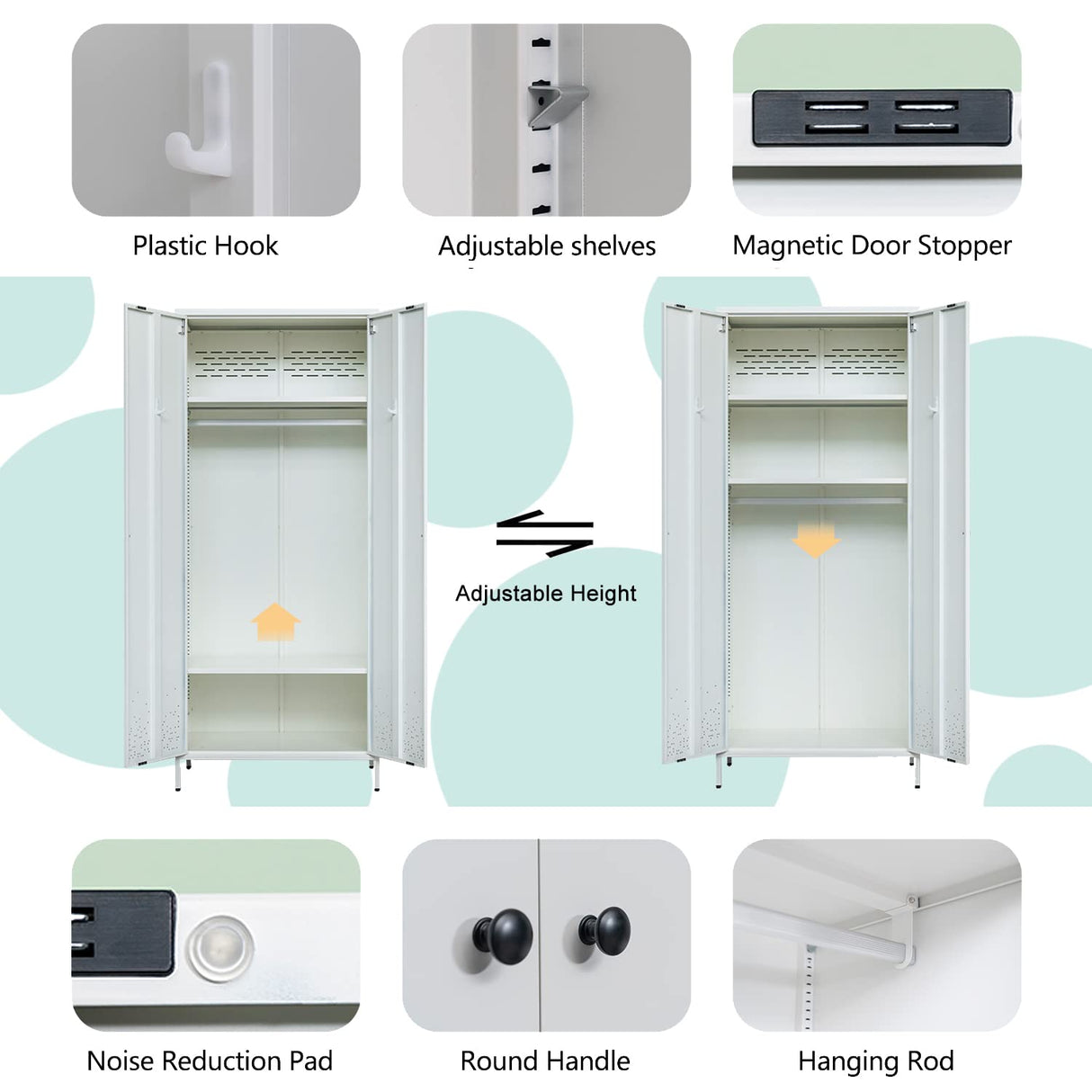 YEEZER Metal Wardrobe, Storage Cabinet with Hanging Rod,Armoire with Magnetic Door and 2 Freely Adjustable Shelves 74" H x 31.5" W x 20" D (White) YEEZER