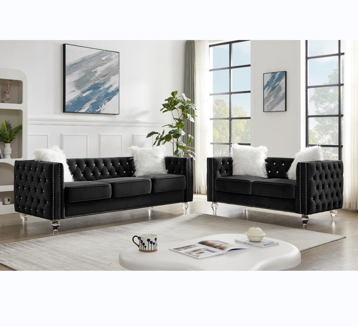 2 Piece Velvet Living Room Sofa Set with Tufted Loveseat and 3-Seater Couch, Luxurious Diamond Tufting & Acrylic Crystal Buttons & Legs, Modern Comfy Upholstery Chesterfield Sofa Set (Black) Gooamz