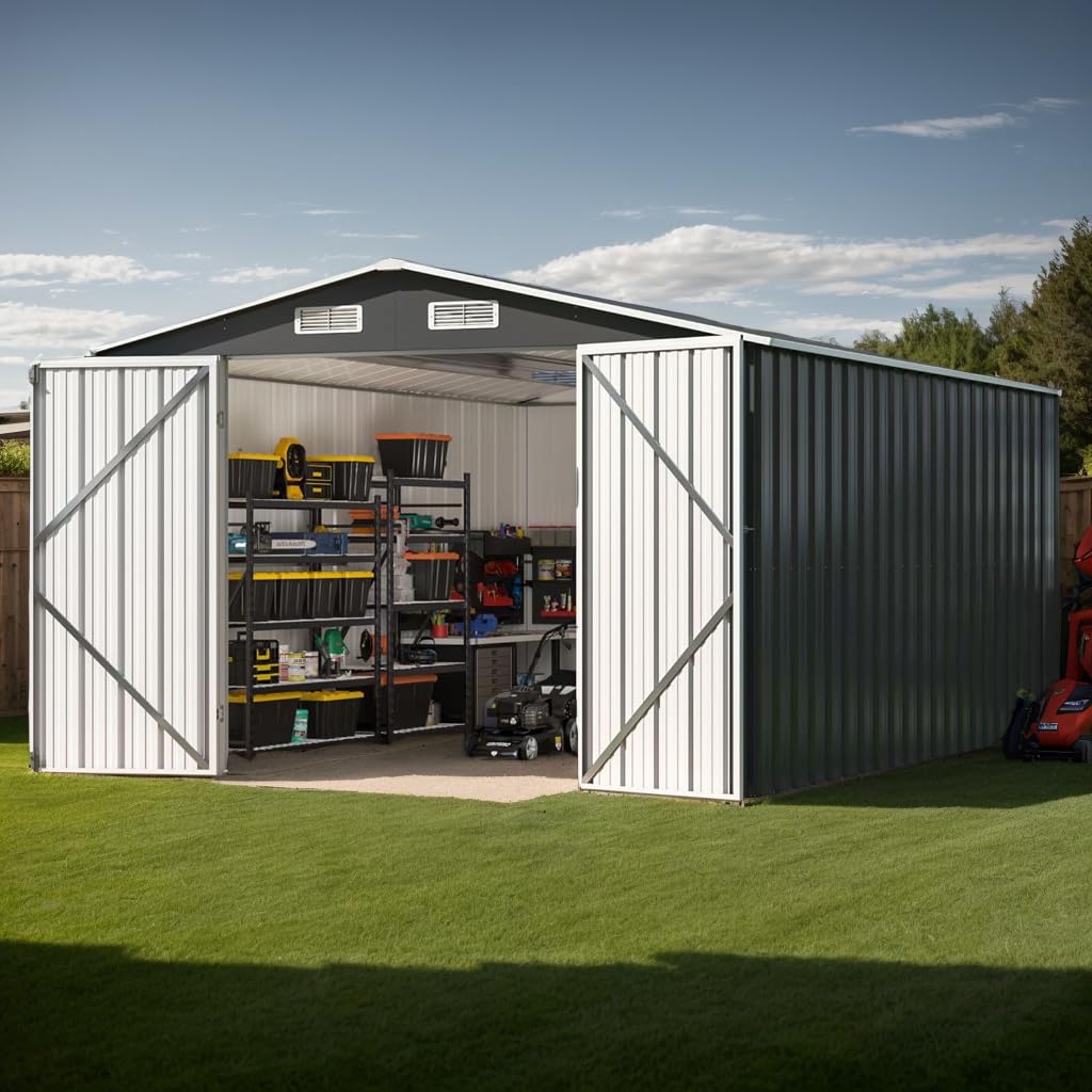 10x14 FT Outdoor Storage Shed with Reinforced Frame, Lockable Tool Shed for Backyard and Garden, All-Weather Metal Structure in Grey (Grey, 10x14 FT) Generic