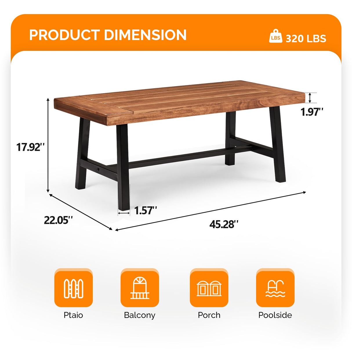 VINGLI Outdoor Wooden Coffee Table, Metal Frame Heavy Duty Patio Coffee Table for Outside, All Weather Solid Wood Low Outdoor Table for Balcony Porch and Deck, Rectangle VINGLI