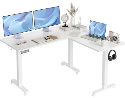 Claiks L Shaped Standing Desk Adjustable Height, Dual Motor Electric Corner Standing Desk, 63x55 inch Sit Stand up Desk with Splice Board, White