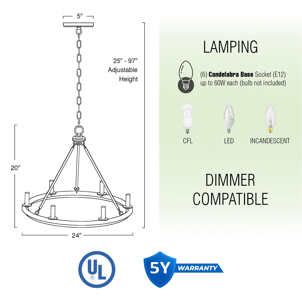 Kira Home Jericho 24" 6-Light Industrial Rustic Farmhouse Wagon Wheel Chandelier, Round Kitchen Island Light, Black + Gray Oak Wood Finish Kira Home