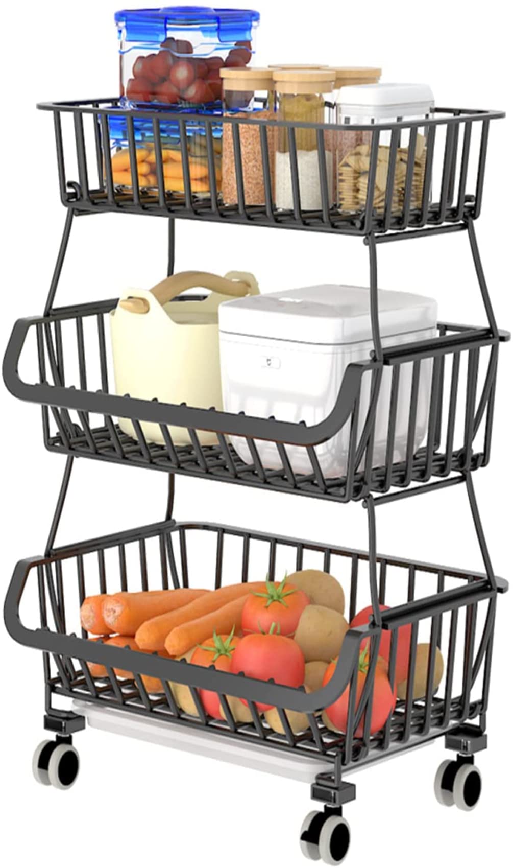OKZEST 3-Tier Rolling Pantry Floor Organizers and Storage Cart with Wheels, Stackable Wire Pantry Baskets for Pantry Shelves, Kitchen Fruit Basket Stand and Storage Rack for Fruit Snack Onion Potato OKZEST