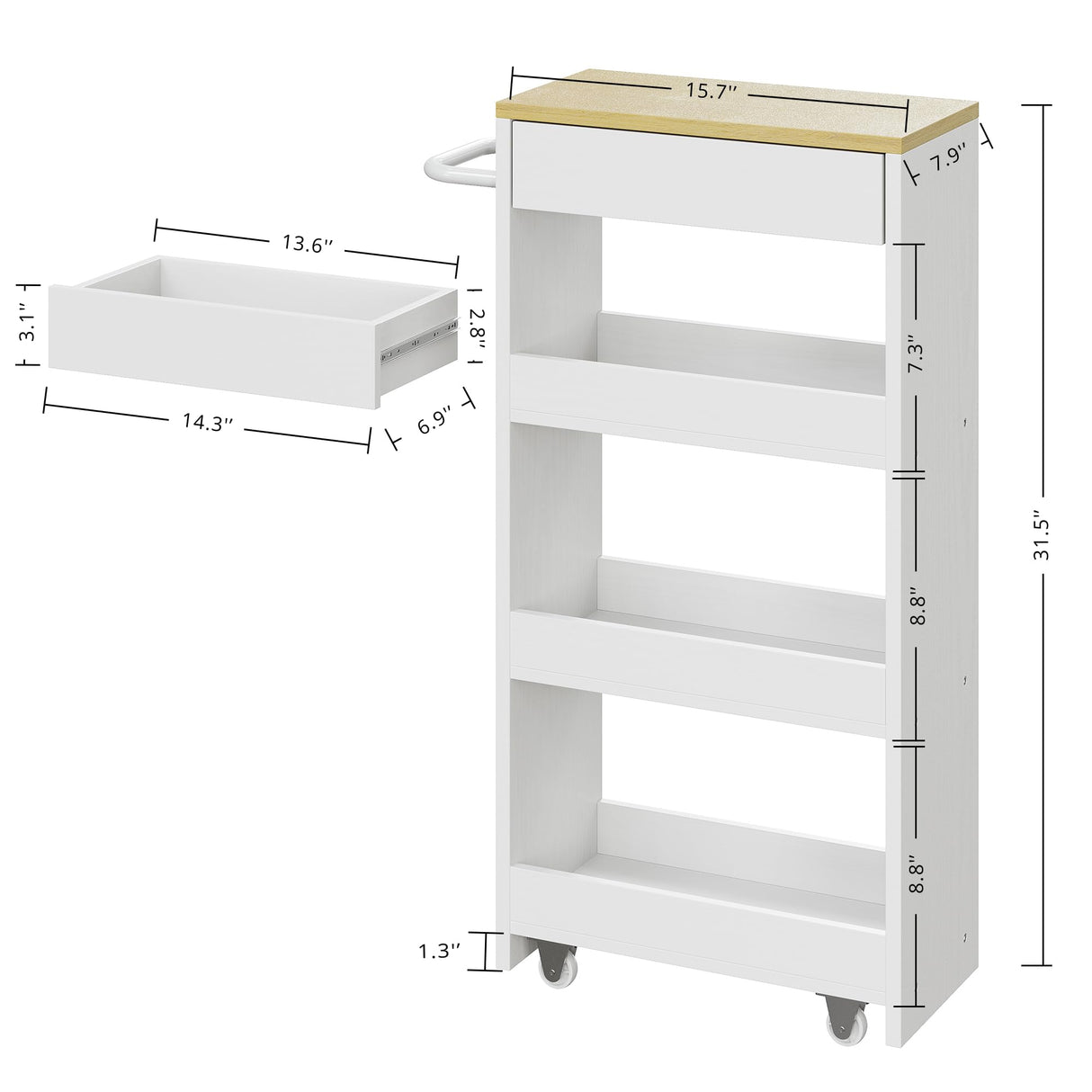 IRONCK Slim Storage Rolling Cart with Drawer and Wheels and Handle, 4 Tier Slide Out Utility Kitchen Cart for Small Spaces Kitchen Laundry Narrow Places, White IRONCK