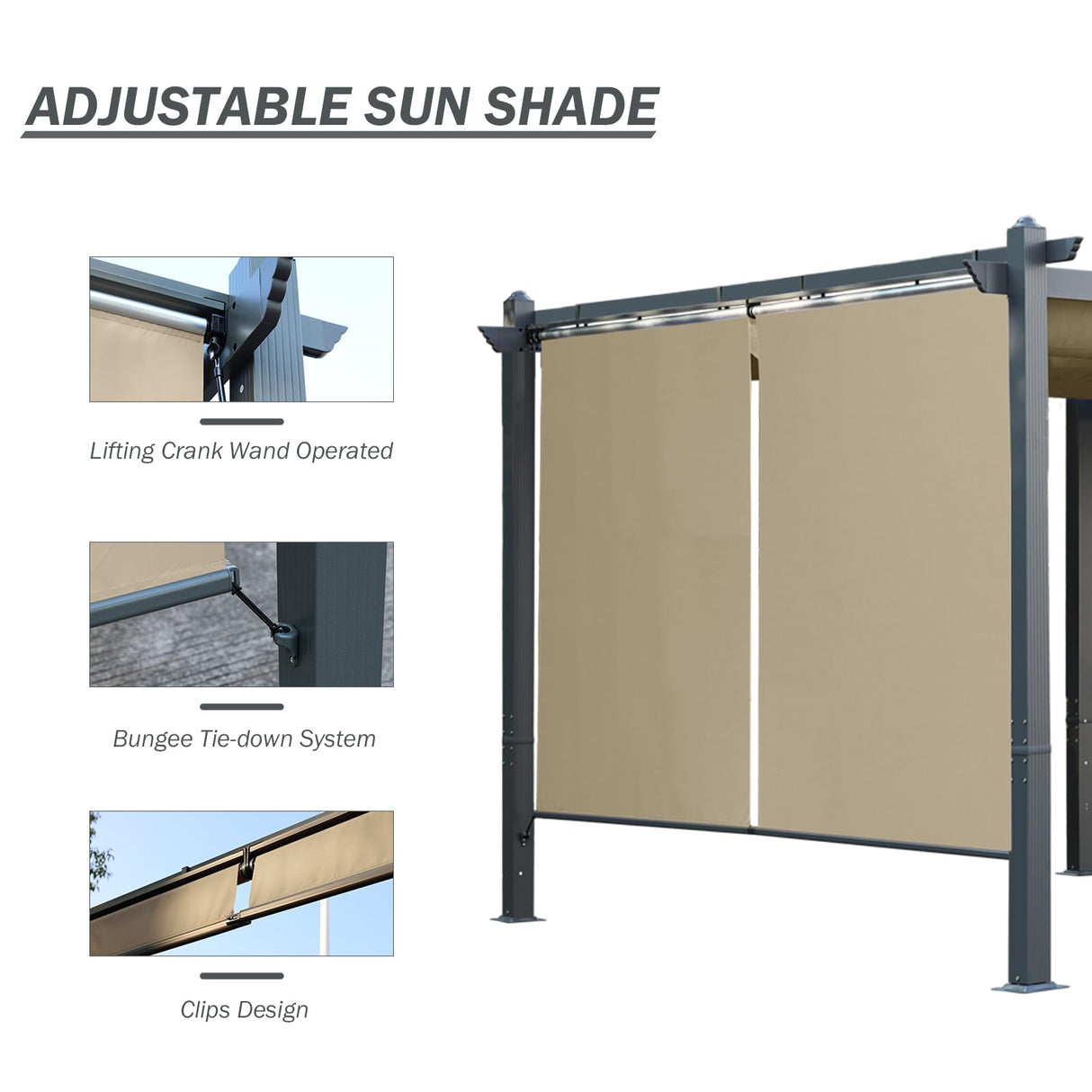BPS 12' x 20' Outdoor Pergola with Retractable Shade Canopy, Dark Gray Matte Aluminum Frame, 2 Pieces Roller Shade Curtain, Grape Trellis Pergola for Patio Backyard and Deck - Khaki BPS