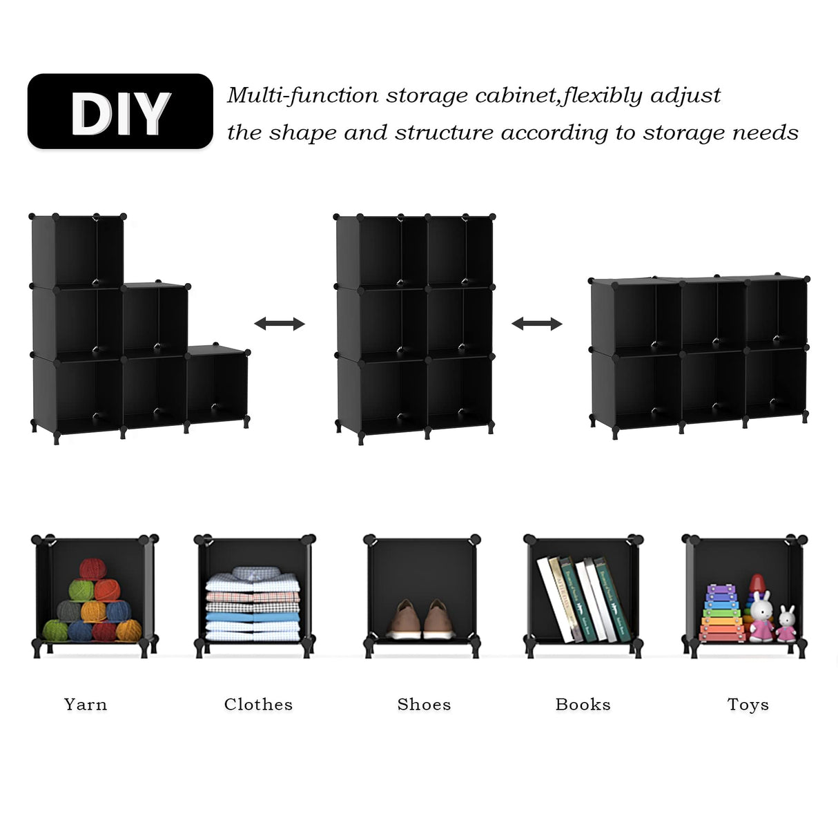 AWTATOS Cube Storage Organizer, Storage Cubes Shelves Bookshelf, 6 Cube Closet Organizers and Storage, DIY Stackable Plastic Clothes Organizer Shelving for Bedroom, Home, Black AWTATOS