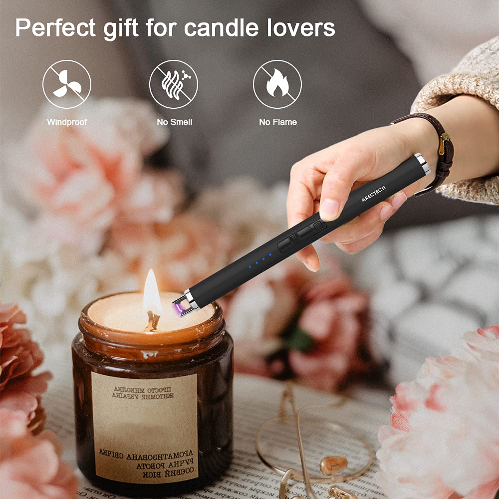 ARECTECH Rechargeable Electric Candle Lighter Arc Plasma Windproof Lighter for Candle Kitchen Birthday Gift for Mom Men Wife with Type-C Cable Black ARECTECH