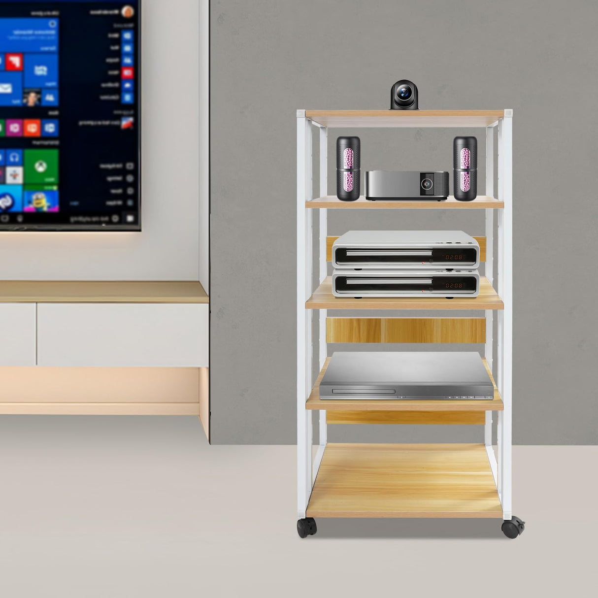 5-Tier AV Media Stand Audio Rack Tower with 4 Lockable Universal Wheels Movable Audio Media Stand with Top Corner Shelf for Record Player, Stereo Components, DVD Players(19.7*15.7*42.9in, White, Wood) VitaChicuy