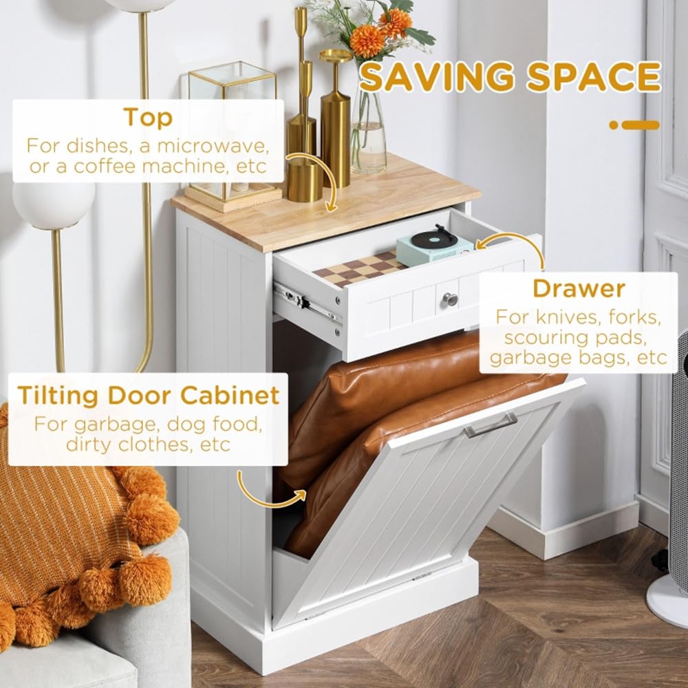 HomVent Wooden Pull Out Trash Can Cabinet, Tilt Out Free Standing Recycling Cabinet for Kitchen, Kitchen Hideaway Trash Can Cabinet with Drawer (White) HomVent