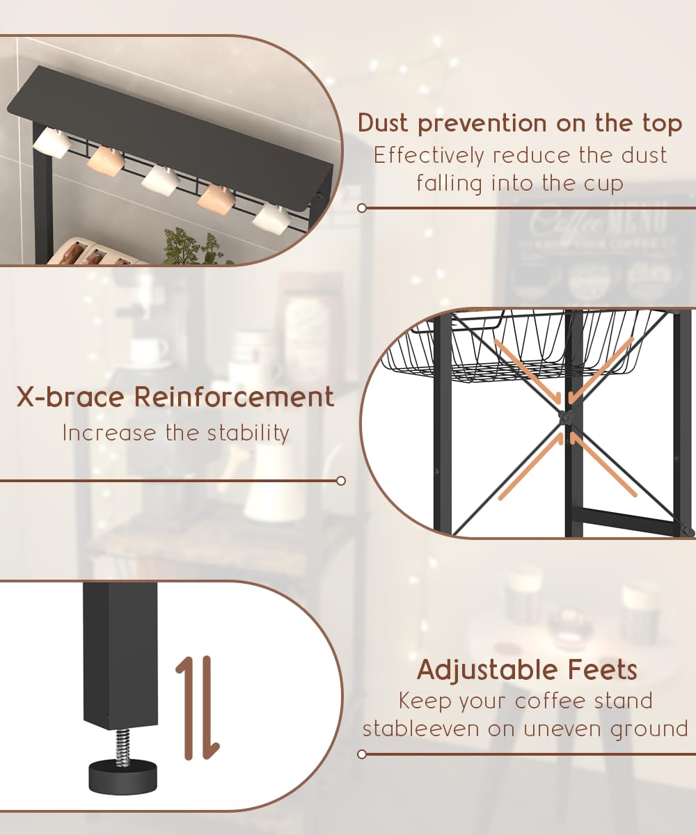 Ansionsol 4 Tier Coffee Bar Station, Corner Bakers Rack with 5 Hooks & Wire Basket, Coffee Maker Stand for Small Space, Kitchen Storage Shelf for Entryway, Living Room, Café, Black, 16.5"x13"x47.8" Ansionsol