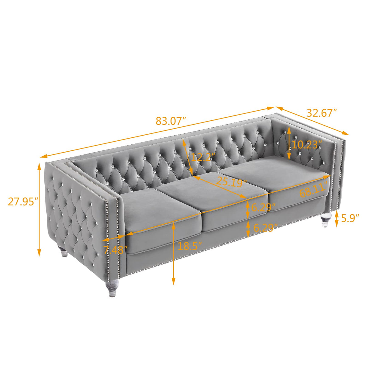 mikibama Velvet 3 Seater Sofa Couch with Buttons and Square Arms 83.07 Inch Tufted 3-seat Sofas with Trimmed Nailhead and Acrylic Legs Modern Couches for Living Room,Bedroom(Grey-Crystal Legs, Sofa) mikibama