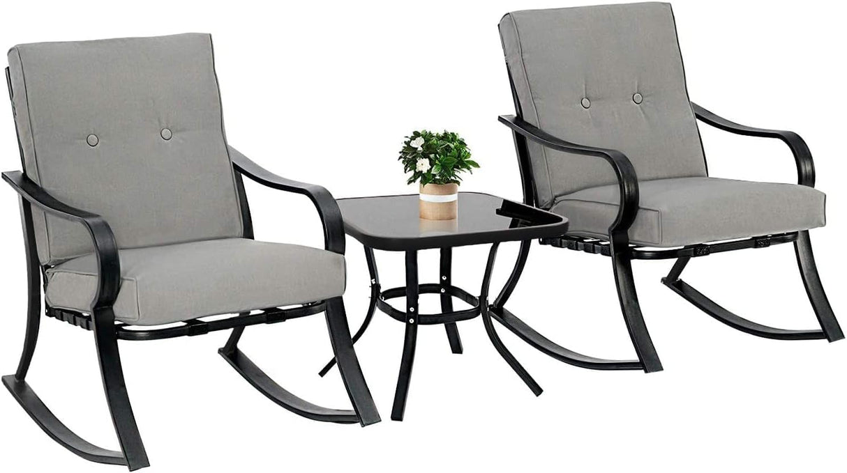 Oakmont Outdoor Furniture 3 Piece Conversation Bistro Set Rocking Chairs and Glass Top Table, Thick Cushions, Black Steel (Brown) Oakcloud