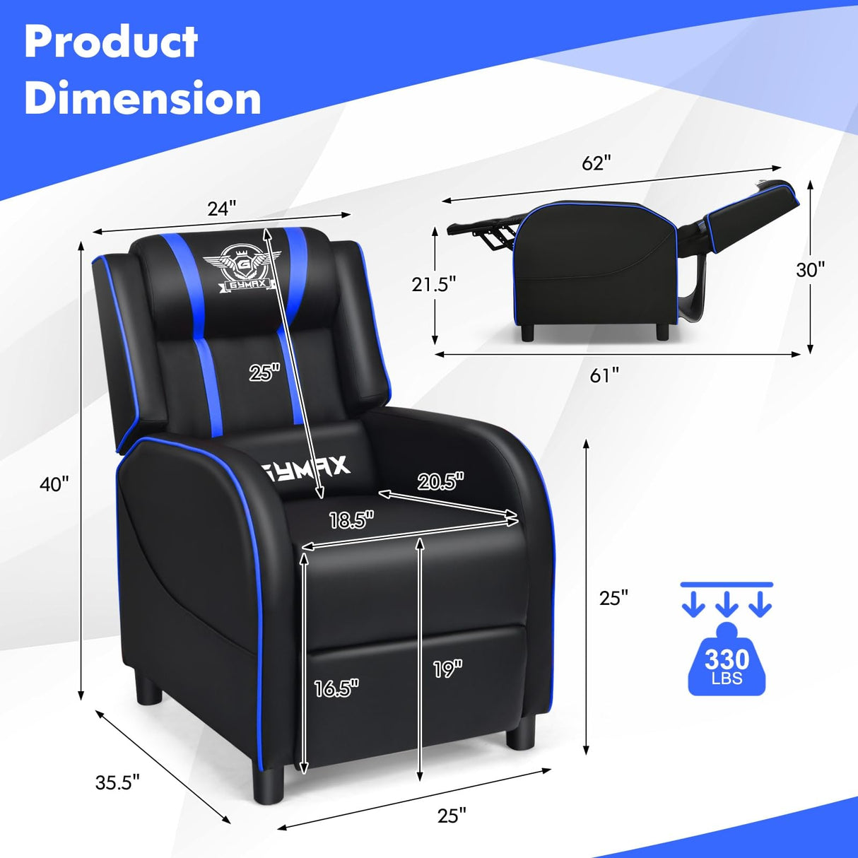 GYMAX Gaming Recliner, Massage Gaming Chair w/Adjustable Footrest, Remote Control & Side Pocket, Ergonomic Game Lounge Chair, Racing Style Single Theater Seat Game Sofa for Adults (Blue) GYMAX