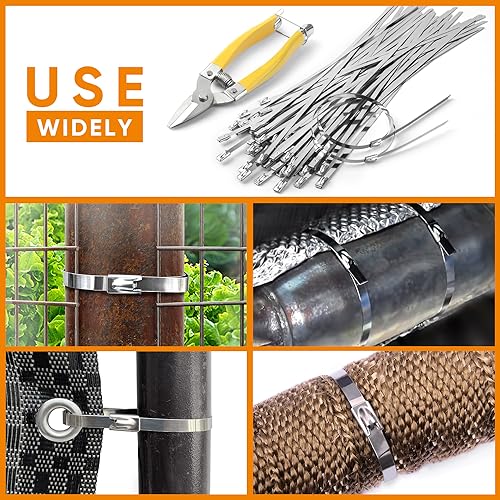 Sinlon Heavy Duty Metal Zip Ties (With Tie Cutter) Uv Resistant Stainless Steel Zip Ties, 11.8 Inch 50 Pieces, Self-Locking Zip Ties, Suitable For Fixing Fences, Pipes, Etc. Outdoor. Sinlon