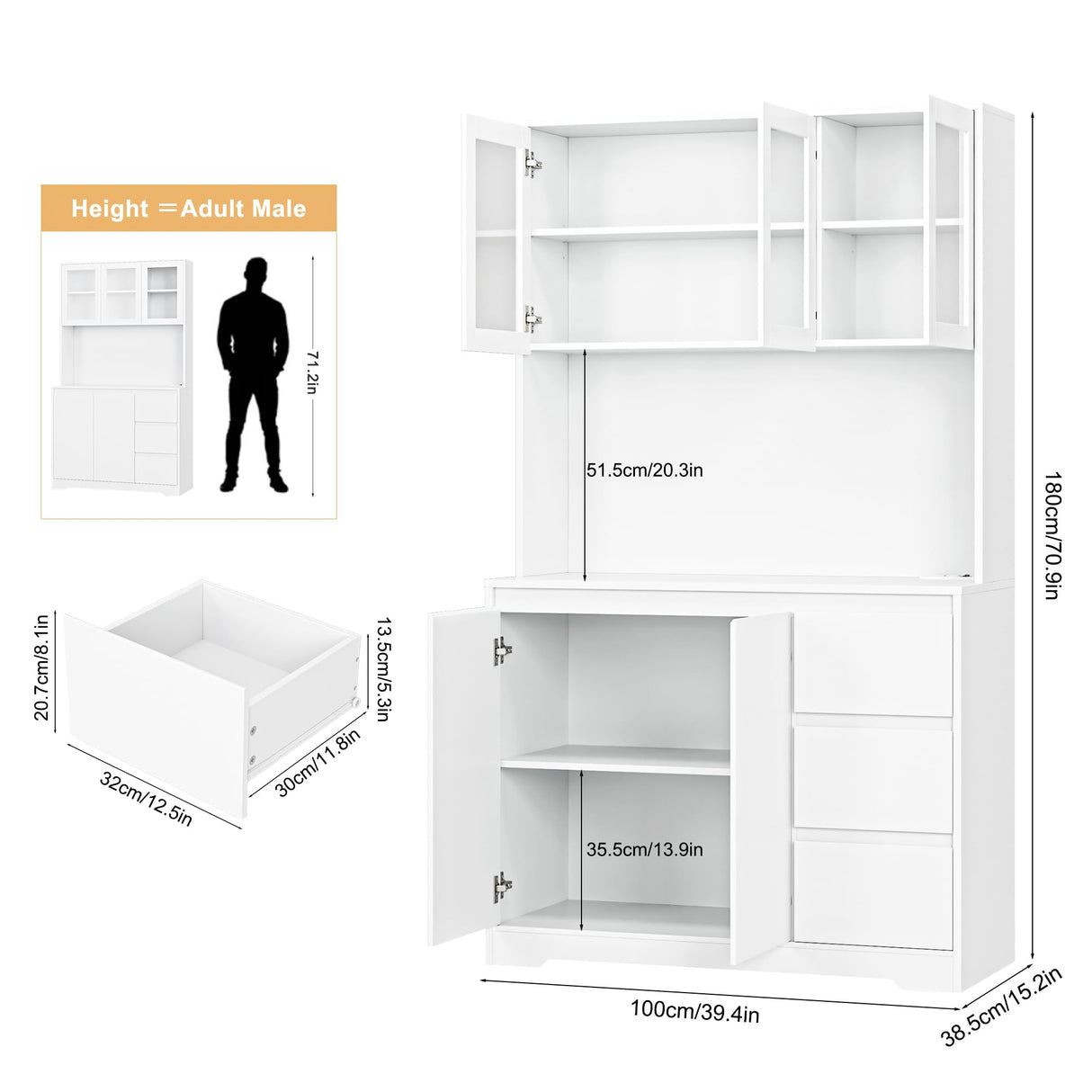 71" Tall Finetones Multi-functional Kitchen Pantry Cabinet with LED Lights and Charging Station finetones