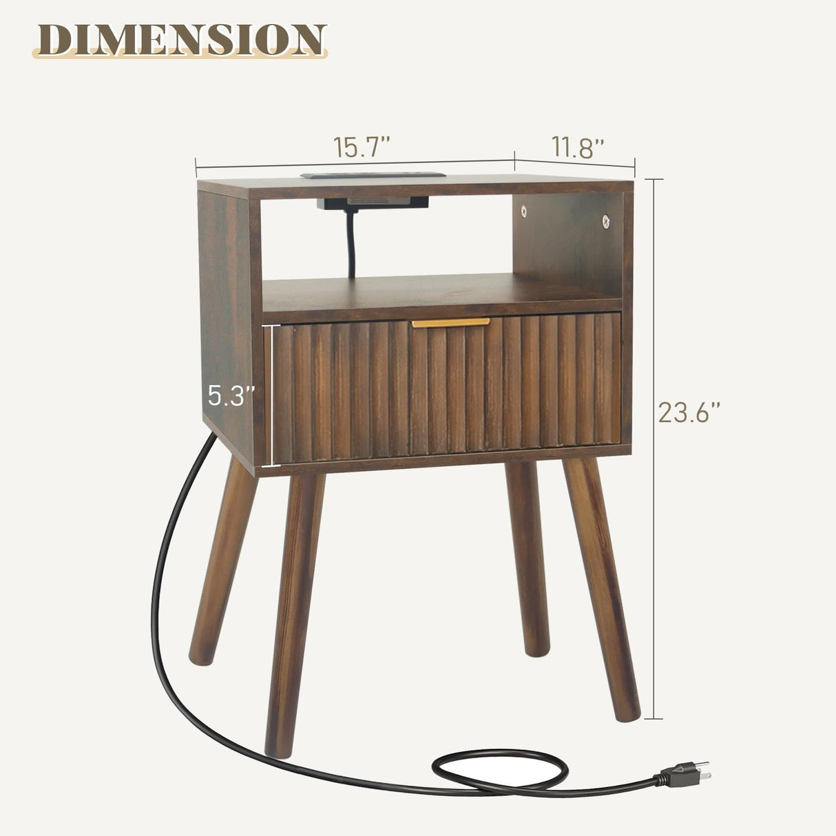 Fultyle Mid Cetury Modern Nightstand with Charging Station, Fluted Bedside Table with Storage, Modern Side End Table with Solid Wood Legs Living Room for Bedroom and Small Space (Rustic Brown) Fultyle