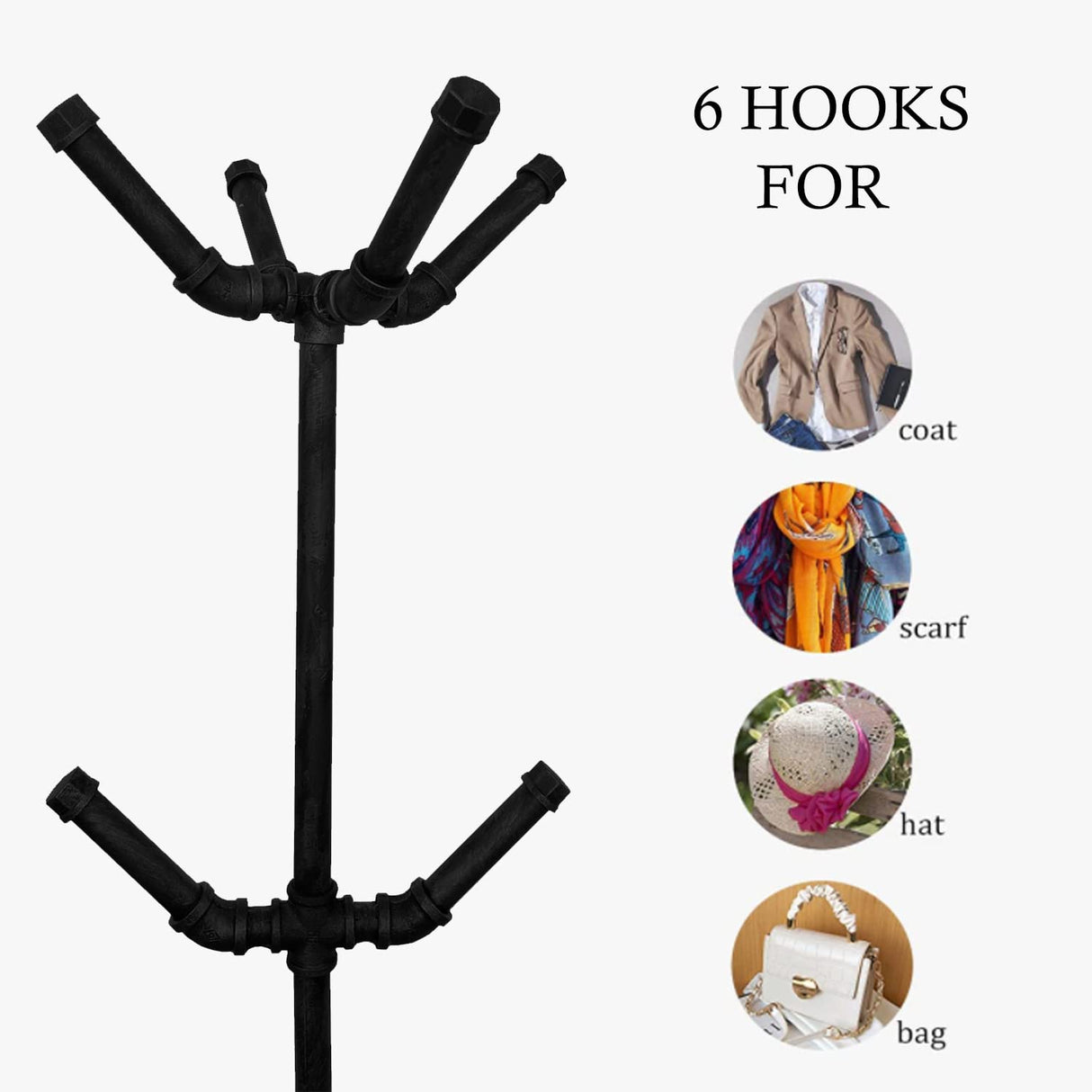 THRONKENGER Industrial Coat Rack,Metal Pipe Coat Rack Stand Freestanding with 6 Hooks,Heavy Duty Coat Tree Sturdy Coat Racks for Entryway, Hallway, Bedroom (Black) THRONKENGER