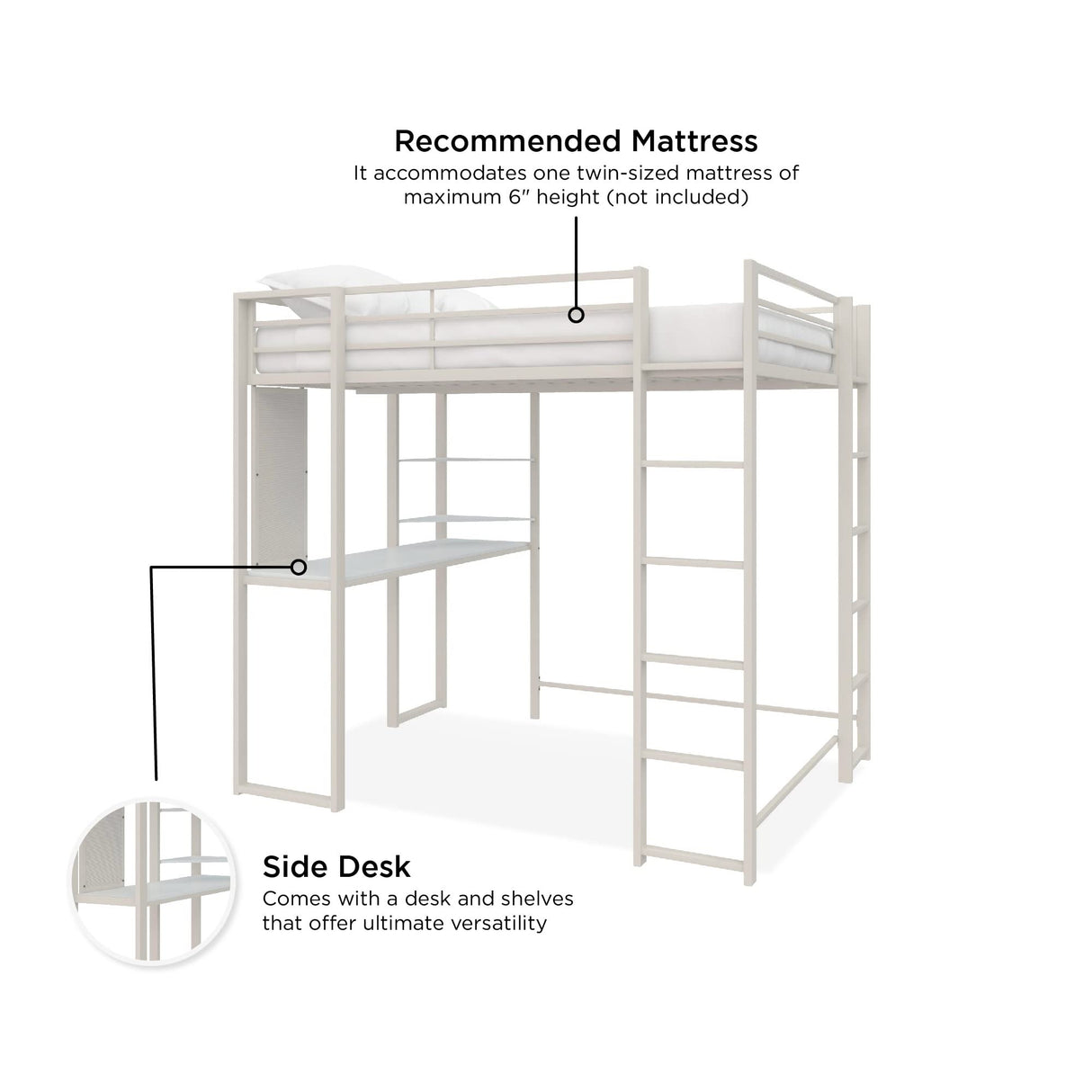 DHP Abode Full Size Metal Loft Bed, Off-White DHP