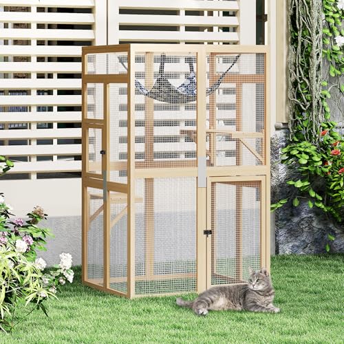 COZIWOW Upgraded Outdoor Cat Catio with Window Access & Jumping Platforms, Weatherproof Wooden Cat Enclosure for Patio/Garden/Backyard (Wood, 2 Platforms + Hammock, Supports 44lbs) COZIWOW
