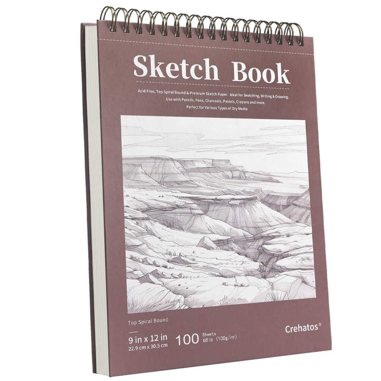 Crehatos 9" x 12" Sketch Book, Top Spiral Bound Sketch Pad, 100 Sheets 68lb/100gsm Drawing Paper, 1 Pack Crehatos