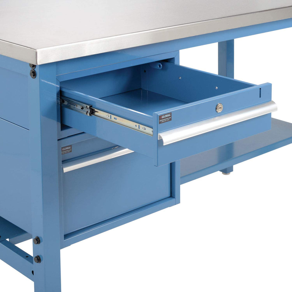 Global Industrial 72" W x 30" D Workbench, 1-1/2" Thick Stainless Steel Square Edge with Drawers & Shelf, Blue Global Industrial