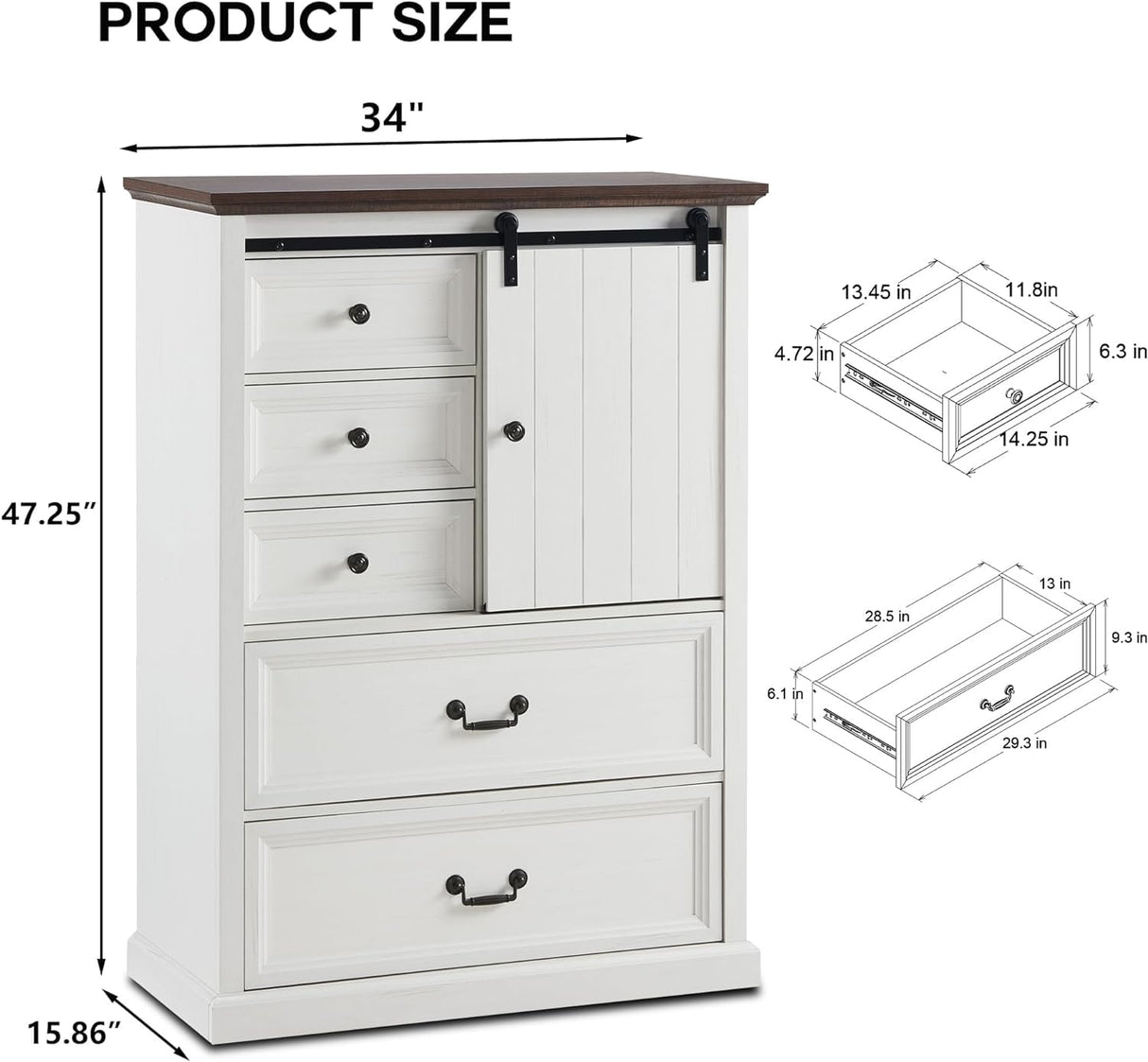 IFGET Farmhouse 5 Drawers Dresser for Bedroom, 47" Tall Chest of Drawers w/Sliding Barn Door, Rustic Wood Dressers Organizer w/Adjustable Shelves for Bedroom, Living Room, Kitchen-Antique White IFGET